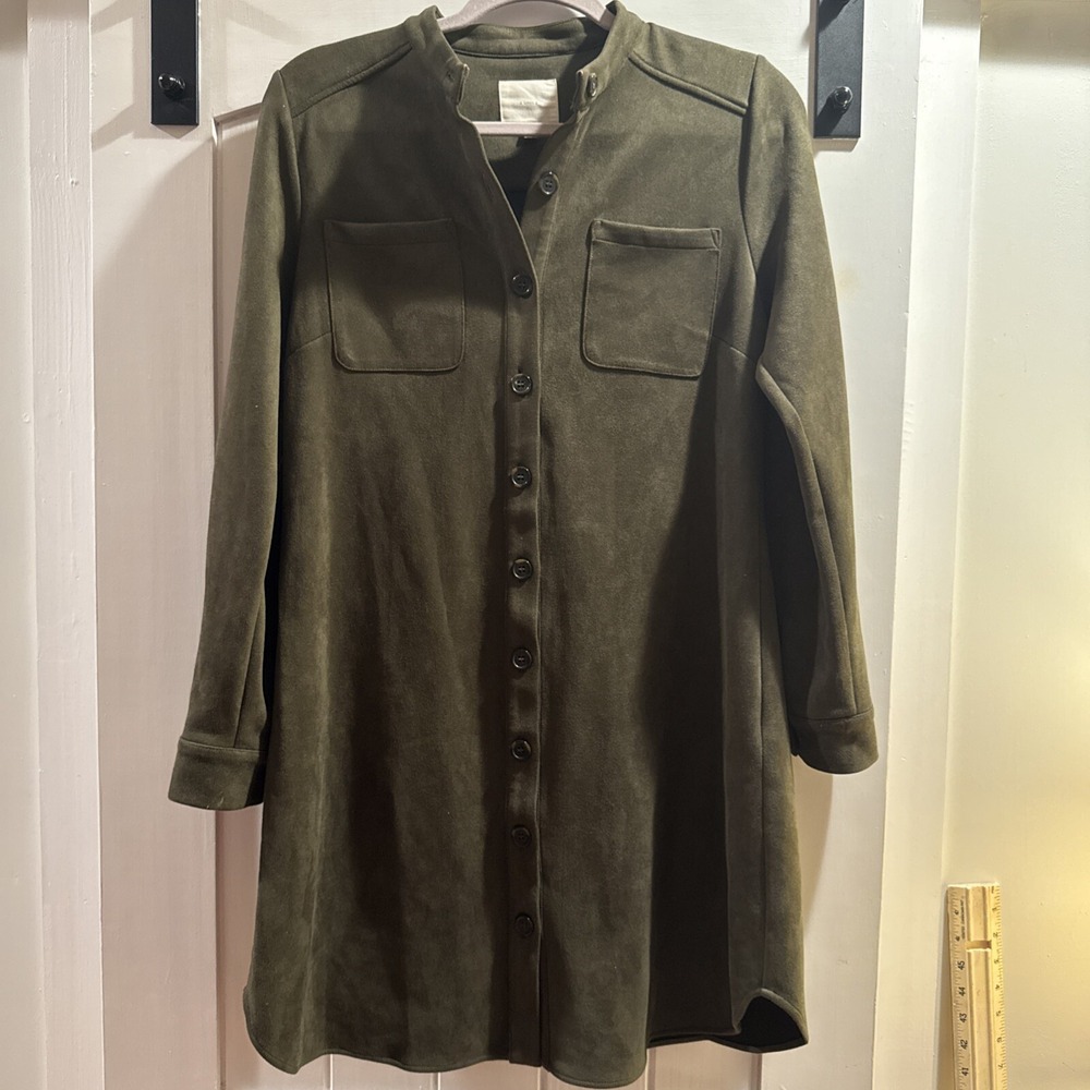 A Loves A Faux Suede Button Front Long Sleeve Mini Shirt Dress Size M Olive